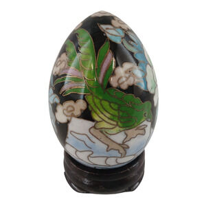 Vintage Cloisonné Enamel Decorative Egg with Wooden Display Stand Asian Style